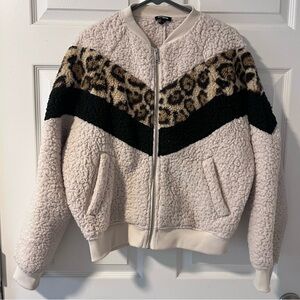 Express Cream and Black Teddy Jacket with Leopard Accents